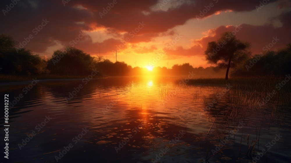 A breathtaking sunset over a serene body of water. Generative ai