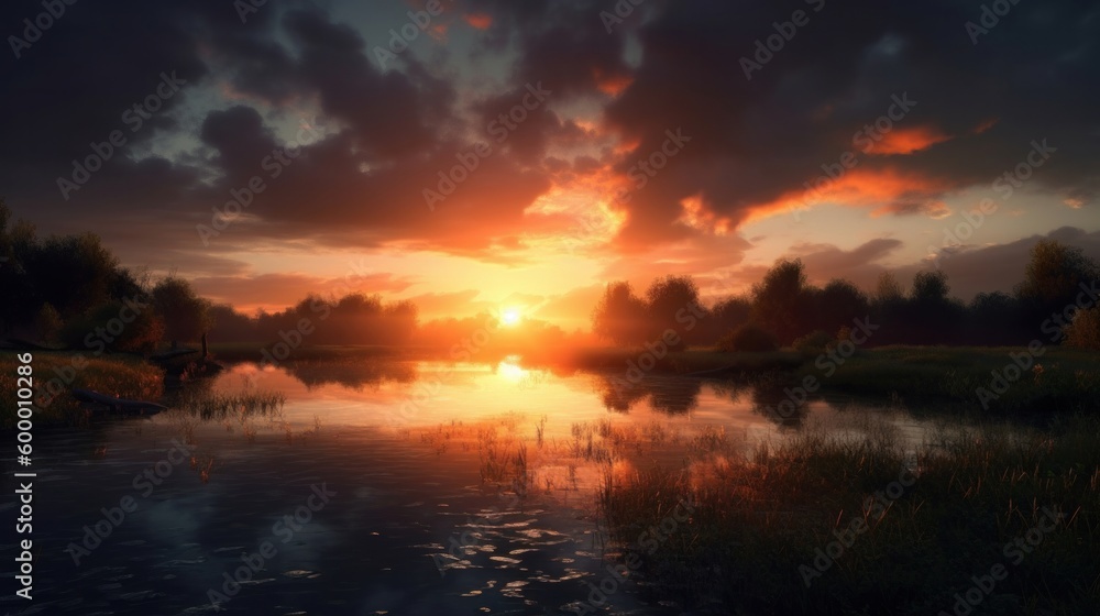 A serene sunset over a calm body of water. Generative ai