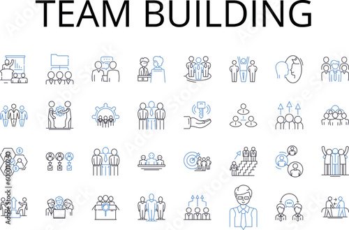 Team building line icons collection. Bonding exercises, Group activities, Collaborative events, Partnership development, Mutual understanding, Camaraderie building, Joint ventures vector and linear