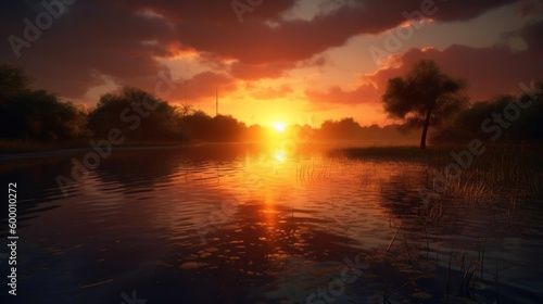 A breathtaking sunset over a serene body of water. Generative ai