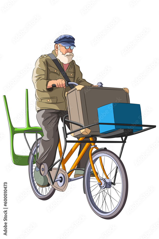 An old bearded man transports things on a bicycle. An old bearded man transports things on a bicycle.