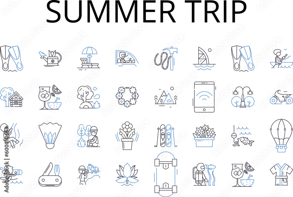 Summer trip line icons collection. Beach getaway, Road journey, Mountain expedition, Ski excursion, River cruise, Tropical vacation, City break vector and linear illustration. Wildlife safari,Camping