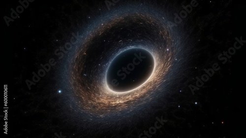 A mysterious black hole surrounded by a cluster of shining stars in the infinite sky. Generative ai