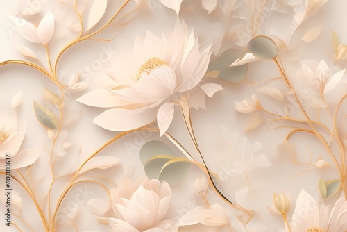 Wallpaper with a 3D flower mural with a soft  creamy backdrop. flower branches and mountains. contemporary wall decor artwork