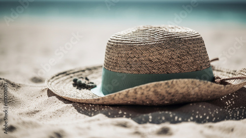 Sunny Beach Style: Summer Hat, Sunglasses, and Starfish on White Sands with Palm Trees and Turquoise Waters, With Generative AI