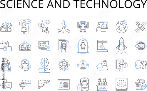 Science and technology line icons collection. Artificial intelligence, Biotechnology, Robotics, Information technology, Data analysis, Cybersecurity, Nanotechnology vector and linear illustration