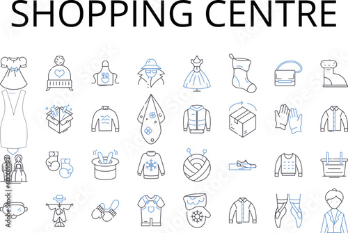 Shopping centre line icons collection. Retail complex, Marketplace, Mall plaza, Trade center, Bazaar hub, Mercantile district, Commercial enclave vector and linear illustration. Pedestrian arcade