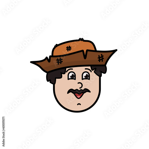 Avatar de homem caipira para festa junina, julina, de São João, roça, interior. Rosto masculino com chapéu de palha. Vetor com cores e traços editáveis.