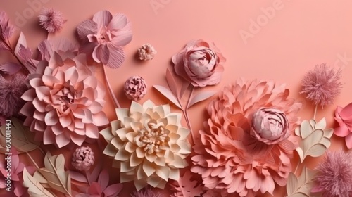 Colorful paper flowers arranged on a pastel pink background. Generative ai