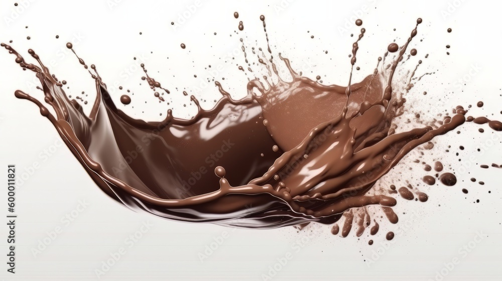 A chocolate splatter on a blank white canvas. Generative ai A chocolate splatter on a blank white canvas. Generative ai