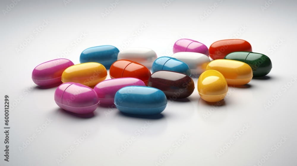 A colorful heap of pills on a plain white background. Generative ai A colorful heap of pills on a plain white background. Generative ai