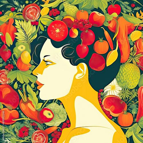 Woman Profile with fruits Symbolizing Health Eating