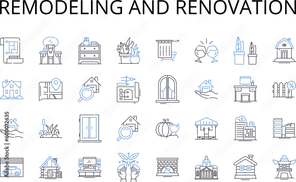Remodeling and renovation line icons collection. Refurbishing, Revamping, Revitalizing, Restoring, Updating, Modernizing, Redecorating vector and linear illustration. Rejuvenating,Rehabilitating