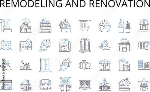 Remodeling and renovation line icons collection. Refurbishing, Revamping, Revitalizing, Restoring, Updating, Modernizing, Redecorating vector and linear illustration. Rejuvenating,Rehabilitating