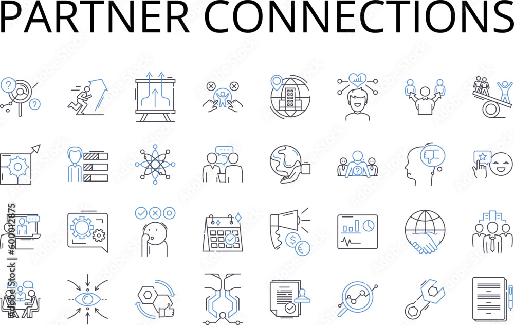 Partner connections line icons collection. Associate relationships, Collaborator nerks, Comrade bonds, Companion ties, Conjoint affiliations, Cooperating links, Counterpart associations vector and Partner connections line icons collection. Associate relationships, Collaborator nerks, Comrade bonds, Companion ties, Conjoint affiliations, Cooperating links, Counterpart associations vector and