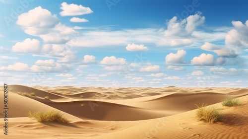 A scenic desert landscape with sand dunes and cloudy sky. Generative ai