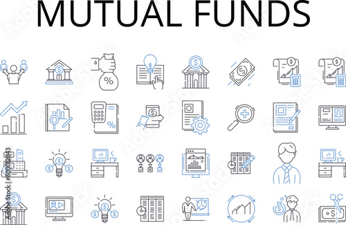 mutual funds line icons collection. Equity funds, Bond funds, Growth funds, Income funds, Index funds, Asset classes, Investment pools vector and linear illustration. Shareholder pools,Portfolio funds