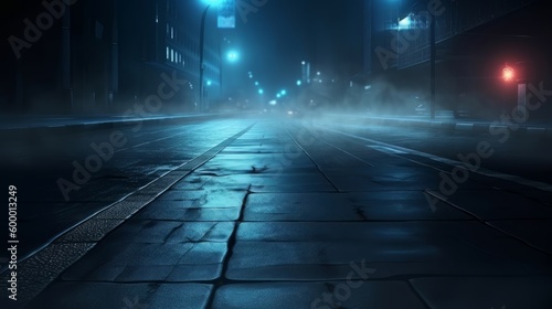 A mysterious and eerie city street enveloped in dense fog at night. Generative ai