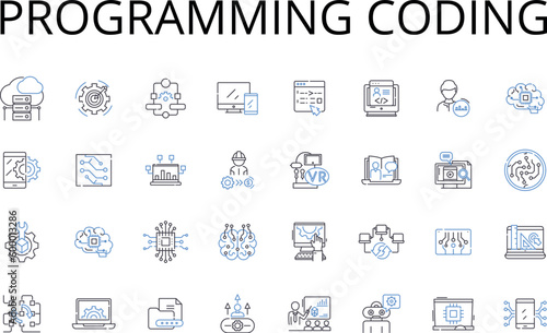Programming coding line icons collection. Writing composition, Speaking articulation, Cooking cuisine, Eating consuming, Driving motoring, Swimming paddling, Reading perusing vector and linear