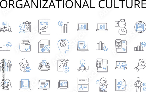 Organizational culture line icons collection. Corporate values, Workplace traditions, Business ethos, Company climate, Team mentality, Leadership style, Staff morale vector and linear illustration