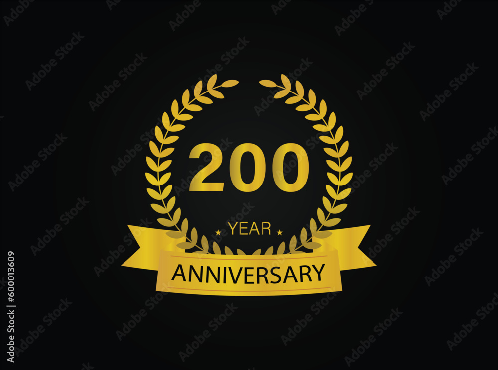 Fototapeta premium 200th years golden anniversary logo celebration with ring and ribbon.