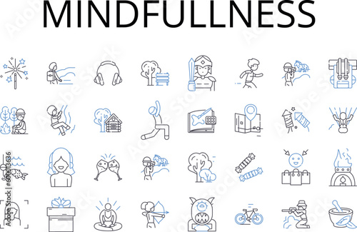 Mindfullness line icons collection. Self-awareness, Introspection, Self-reflection, Inner peace, Presence of mind, Concentrated thought, Focused attention vector and linear illustration. Composure
