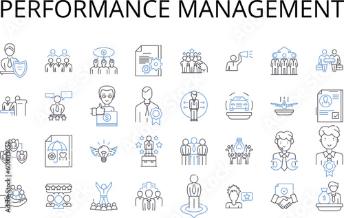 Performance management line icons collection. Talent development, Goal setting, Leadership development, Organizational culture, Employee engagement, Compensation management, Workforce planning vector