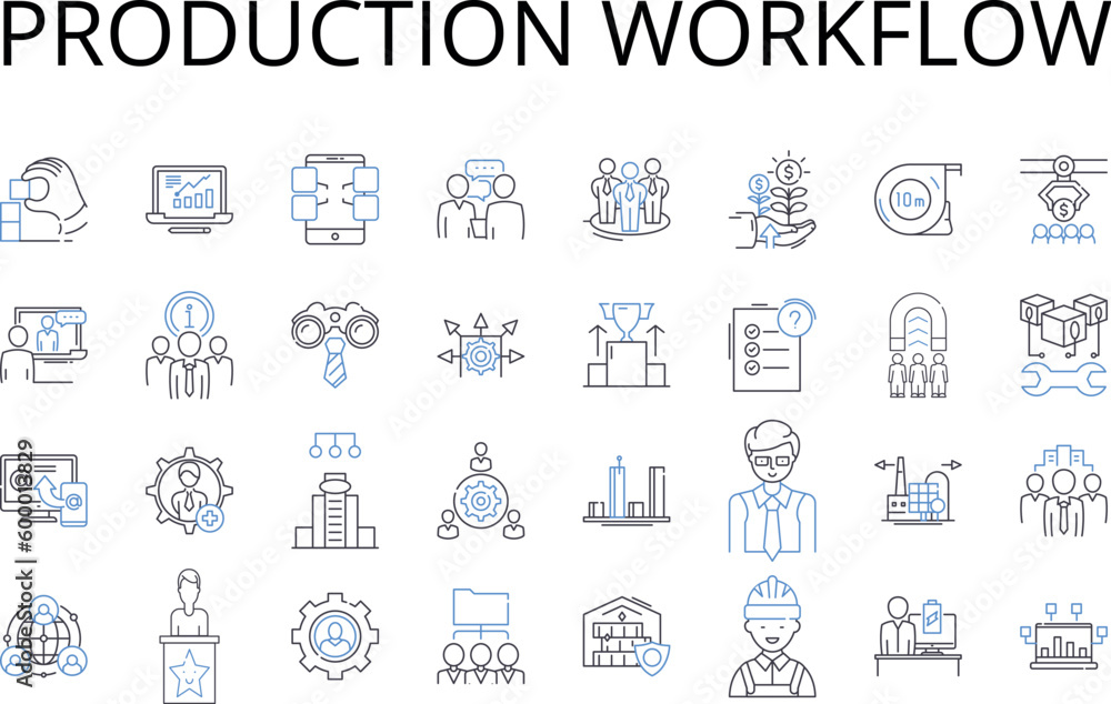 Production workflow line icons collection. Manufacturing process, Design approach, Operational system, Service delivery, Marketing strategy, Development cycle, Supply chain vector and linear