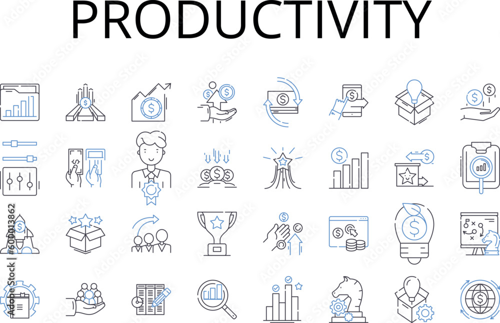 Productivity line icons collection. Efficiency, Efficacy, Effectiveness, Performance, Proficiency, Capability, Competency vector and linear illustration. Potency,Power,Strength outline signs set