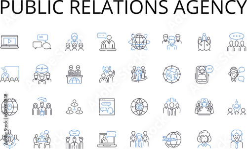 Public relations agency line icons collection. Marketing firm, Communication company, Promotion agency, Reputation management, Media relations, Brand publicity, Advertising organization vector and