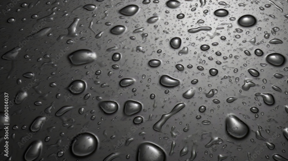 Water droplets on a sleek metal surface against a dark backdrop. Generative ai Water droplets on a sleek metal surface against a dark backdrop. Generative ai