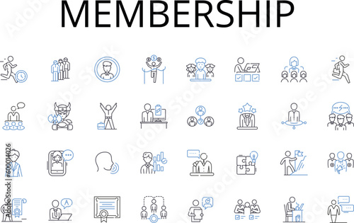 Membership line icons collection. Clubhouse, Fellowship, Alliance, Partnership, Association, Community, Coterie vector and linear illustration. Guild,Syndicate,Consortium outline signs set