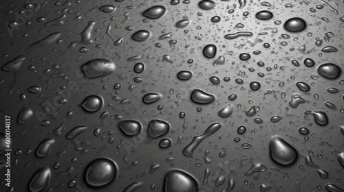 Water droplets on a sleek metal surface against a dark backdrop. Generative ai