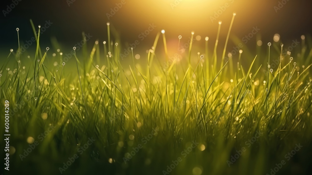 Dew drops on blades of green grass. Generative ai