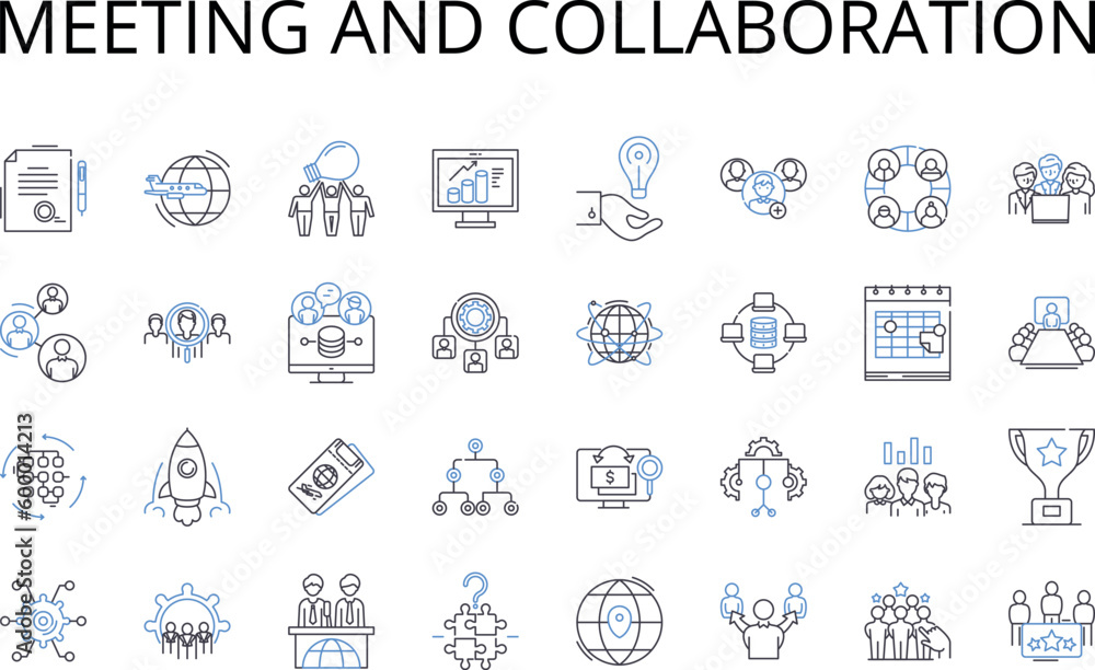 Meeting and collaboration line icons collection. Discussion and conversation, Decision-making and resolution, Brainstorming and ideation, Nerking and mingling, Teamwork and cooperation, Planning and Meeting and collaboration line icons collection. Discussion and conversation, Decision-making and resolution, Brainstorming and ideation, Nerking and mingling, Teamwork and cooperation, Planning and