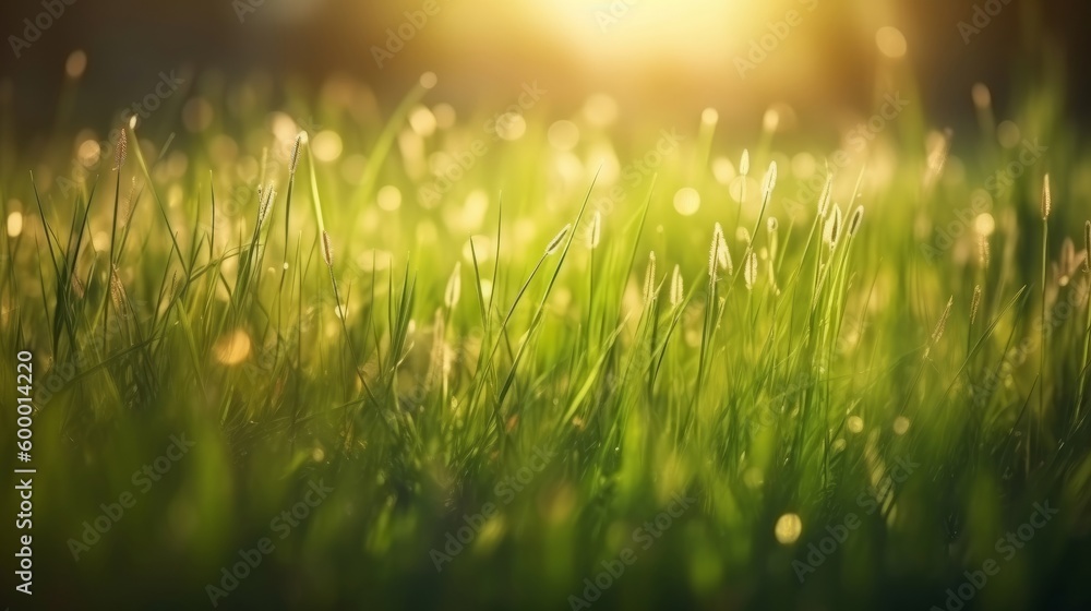 A sunny field of grass with a bright sun in the background. Generative ai