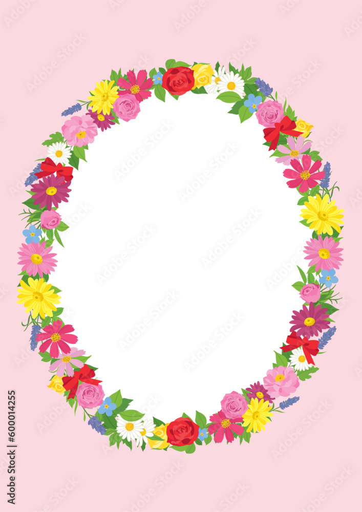 カラフルな花輪のデザインフレーム　リース　背景素材