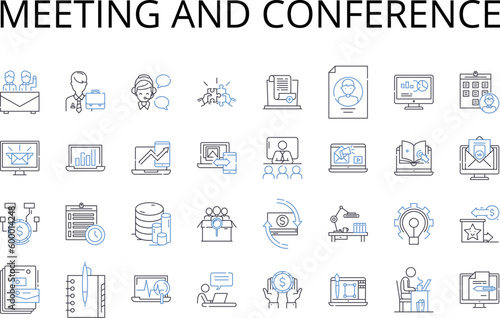 Meeting and conference line icons collection. Assembly, Gathering, Convention, Symposium, Forum, Session, Colloquium vector and linear illustration. Seminar,Panel discussion,Roundtable outline signs