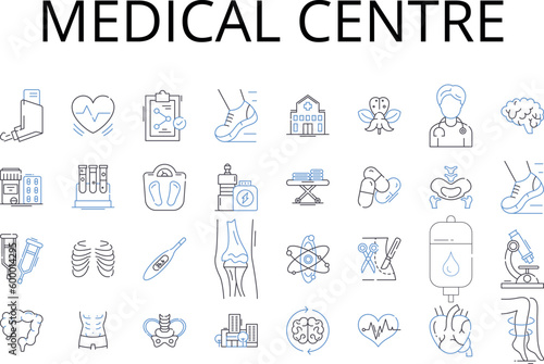 Medical centre line icons collection. Hospital, Clinic, Health center, Health clinic, Medical facility, Healthcare center, Infirmary vector and linear illustration. Urgent care center,Outpatient