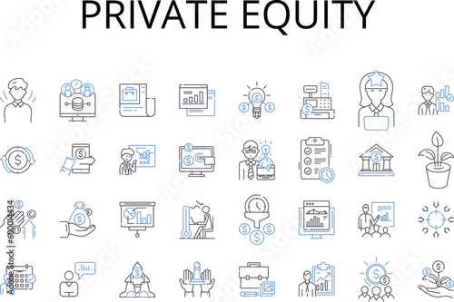 Private Equity line icons collection. Venture Capital, Hedge Fund, Equity Stake, Angel Investor, Buyout Firm, Investment Trust, Capital Injection vector and linear illustration. Risk Capital,Asset