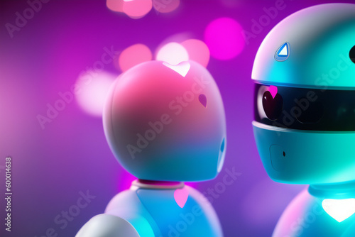 Two robots, each unique in their design, share a heartwarming moment in the midst of a technological utopia. Romance, Artificial Intelligence, Futuristic Concept created with generative AI. photo