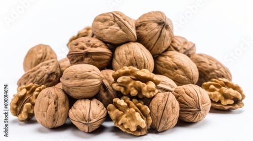 A heap of fresh walnuts isolated on a clean white background. Generative ai © cac_tus