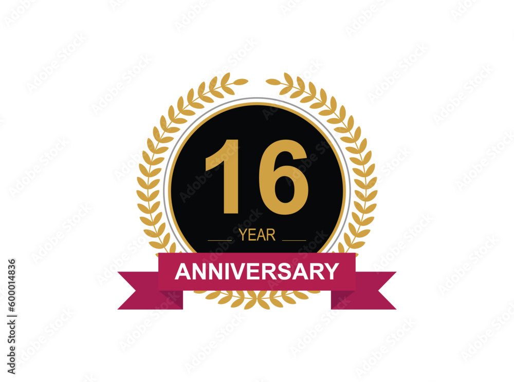 16th Anniversary Celebration. Anniversary logo design with golden color laurel wreath for birthday celebration event, invitation, greeting card, banner, poster, flyer, flyer. 16th Anniversary Celebration. Anniversary logo design with golden color laurel wreath for birthday celebration event, invitation, greeting card, banner, poster, flyer, flyer.