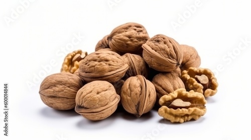 A heap of fresh walnuts isolated on a plain white background. Generative ai