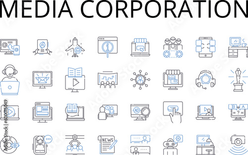Media corporation line icons collection. Press outlet, News agency, Broadcast nerk, Publishing house, Communication conglomerate, Magazine publisher, Content provider vector and linear illustration