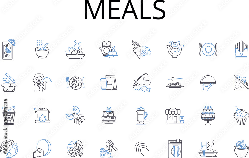 Meals line icons collection. Foodstuffs, Grub, Comestibles, Cuisine, Fare, Victuals, Provisions vector and linear illustration. Nourishment,Eats,Refreshments outline signs set