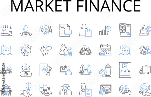 Market finance line icons collection. Capital markets, Financial markets, Investment markets, Stock markets, Bond markets, Securities markets, Commodity markets vector and linear illustration. Equity