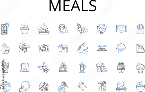 Meals line icons collection. Foodstuffs, Grub, Comestibles, Cuisine, Fare, Victuals, Provisions vector and linear illustration. Nourishment,Eats,Refreshments outline signs set