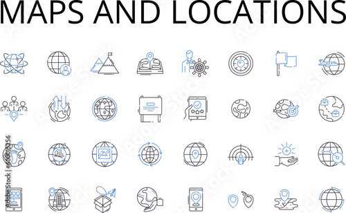 Maps and locations line icons collection. Cartography, Geolocation, Topography, Atlas, Navigation, Terrain, Geocaching vector and linear illustration. Wayfinding,Satellite imagery,GPS outline signs