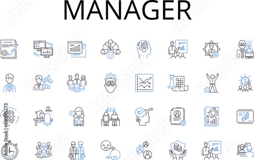 Manager line icons collection. Supervisor, Director, Head, Administrator, Boss, Chief, Controller vector and linear illustration. Organizer,Superintendent,Foreman outline signs set